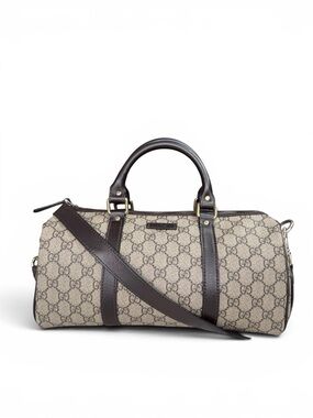 Gucci Brown GG Canvas Duffel with Dark Brown Leather Trim with long strap